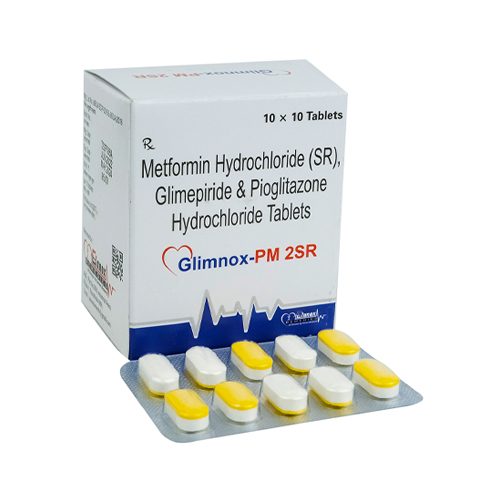 Product Name: GlimnoxPM 2SR, Compositions of GlimnoxPM 2SR are Metformin Hydrochloride (SR), Glimepiride & Pioglitazonen Hydrochloride Tablets - Senen Biotech