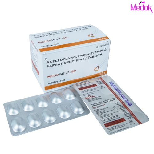 Product Name: Medogesic SP, Compositions of Medogesic SP are Aceclofenac, paracetamol & serratiopeptidase  - Medok Life Sciences Pvt. Ltd