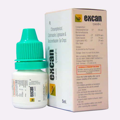 Product Name: Excan, Compositions of Excan are  Chloramphenicol Clotrimazole Lignocaine & Beclomethasone Ear Drops - Arlak Biotech