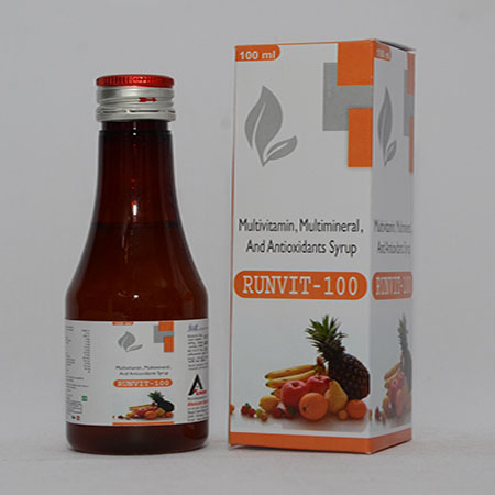 Product Name: RUNVIT 100, Compositions of RUNVIT 100 are Multivitamin, Multimineral, And ANtioxidants Syrup - Alencure Biotech Pvt Ltd