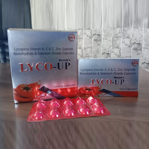 Product Name: Lyco UP, Compositions of Lyco UP are Lycopene,Vitamin A,E & C,Zinc Sulphate Monohydrate and Selenium Dioxide Capsules - Jonathan Formulations