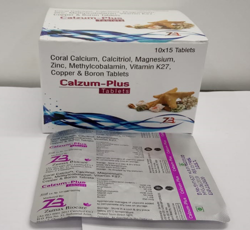 Product Name: Calzum Plus, Compositions of Coral Calcium , Calcitriol,Magnesium , Zinc,Methylcobalamin, Vitamin k27, Copper and Boron Tablets are Coral Calcium , Calcitriol,Magnesium , Zinc,Methylcobalamin, Vitamin k27, Copper and Boron Tablets - Zumax Biocare