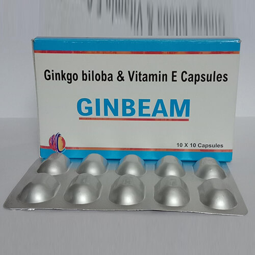 Product Name: Ginbeam, Compositions of Ginbeam are Gingko,Biloba & Vitamin E Capsules - Macro Labs Pvt Ltd