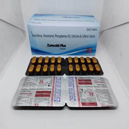 Product Name: Zumcold Plus, Compositions of Zumcold Plus are Aceclofenac,Paracetamol,Phenyphrine Hcl,Cetirizine& Caffiene Tablets - Zumax Biocare