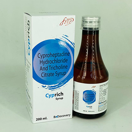 Product Name: Cyprich, Compositions of Cyprich are Cyproheptadine Hydrochloride And Tricholine Citrate Syrup - Biodiscovery Lifesciences Pvt Ltd