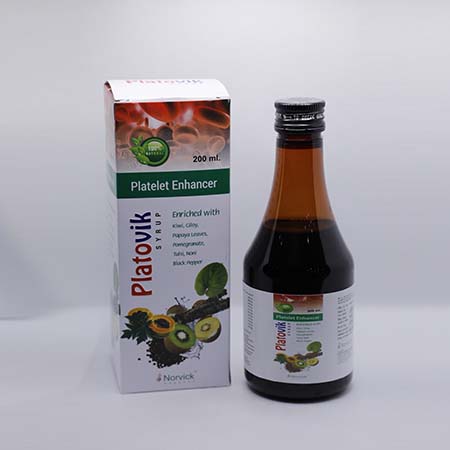 Product Name: Platovik, Compositions of Platovik are Carica Papaya Extract, Tinospara, Goat Milk Powder & Vitamin E - Norvick Lifesciences