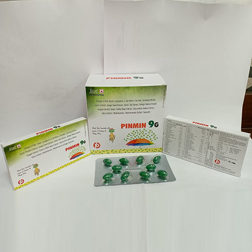 Product Name: Pinmin 9G, Compositions of Pinmin 9G are Omega 3 Fatty Acid,L Glutathione,Ginseg,Gingco Biloba,Green Tea Extract,Garlic Powder,Grape Seed Extract,Antioxidants,Vitamins,Minerals and Trace Elements  Soft Gelatin Capsules - Pinamed Drugs Private Limited