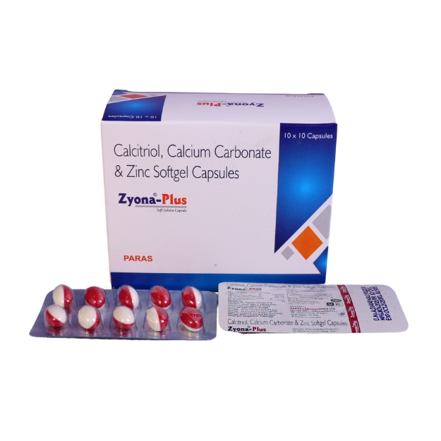 Product Name: Zyona plus, Compositions of Zyona plus are EACH SOFT GELATIN CAPSULE CONTAINS (APPROX).  CALCITRIOL   I.P  0.25 MCG CALCIUM CARBONATE  I.P 500 MG (EQ. TO ELEMENTAL CALCIUM 200MG) ZINC  I.P 7.5 MG   (AS ZINC SULPHATE MONOHYDRATE IP) - Paras Laboratories Ltd