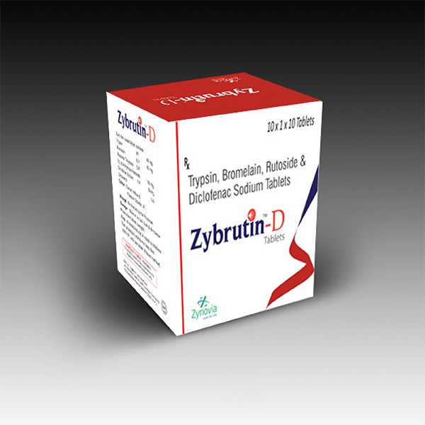 Product Name: Zybrutin D, Compositions of Zybrutin D are Trypsin Bromelain Rutoside & Diclofenac Sodium Tablets - Zynovia Lifecare