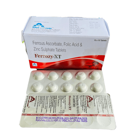Product Name: FERROZY XT, Compositions of FERROZY XT are Ferrous Ascrobate, folic Acid & Zinc Sulphate Tablets - Amzy Life Care