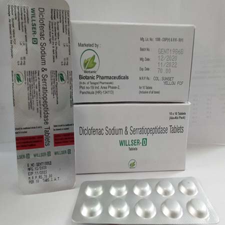 Product Name: Willser D, Compositions of Willser D are Diclofenac Sodium & Serratiopeptiside Tablets - Biotanic Pharmaceuticals