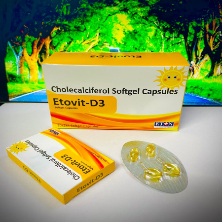 Product Name: Etovit D3, Compositions of Etovit D3 are Cholecalciferol Softgel Capsules - Eton Biotech Private Limited