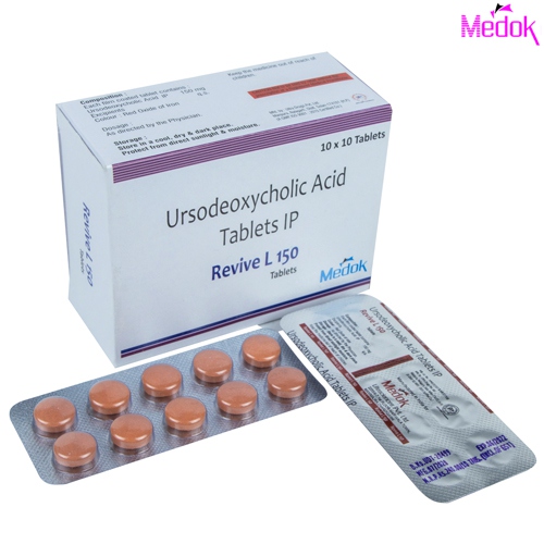 Product Name: Revive L 150, Compositions of Revive L 150 are Ursodeoxycholic acid tablets IP  - Medok Life Sciences Pvt. Ltd