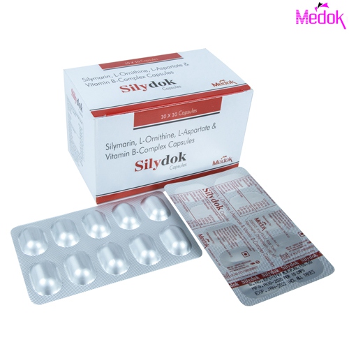 Product Name: Sily dok, Compositions of Sily dok are Silymarin L ornithine L asportate & vitamin B complex capsules - Medok Life Sciences Pvt. Ltd