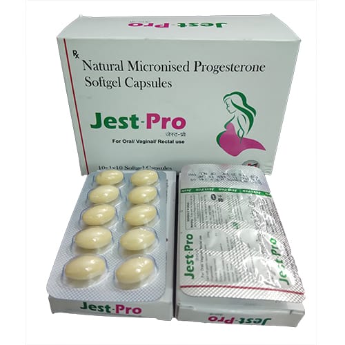 Product Name: JEST PRO Softgel Capsules, Compositions of JEST PRO Softgel Capsules are Natural Miconised Progesterone200mg - JV Healthcare