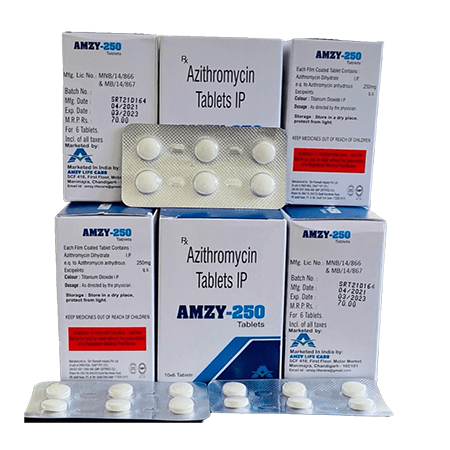 Product Name: Amzy 250, Compositions of Amzy 250 are Azithromycin Tablets IP - Amzy Life Care