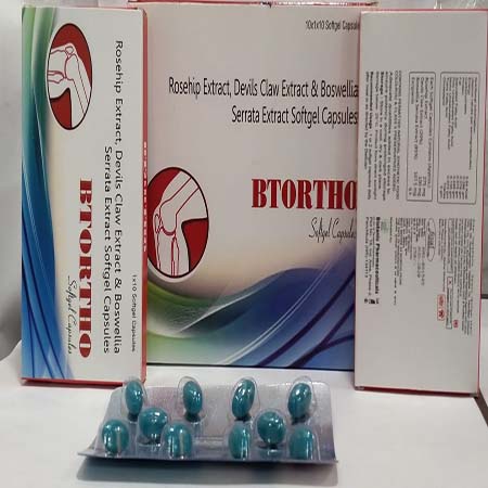Product Name: Btortho, Compositions of Btortho are Roseship Extract,Devils Claw Extract & Boswellia Serrata Extract Softgel Capsules - Biotanic Pharmaceuticals