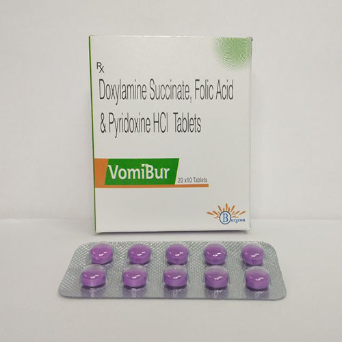 Product Name: Vomibur, Compositions of Vomibur are Doxylamin Succinate,Folic Acid & Pyridoxine Hcl Tablets - Burgeon Health Series Pvt Ltd