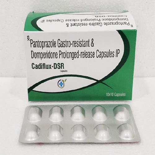 Product Name: Cadiflux DSR, Compositions of Cadiflux DSR are Pantaprazole  Gastro Resitant  & Domperidone Prolonged Release Capsules IP - Caddix Healthcare