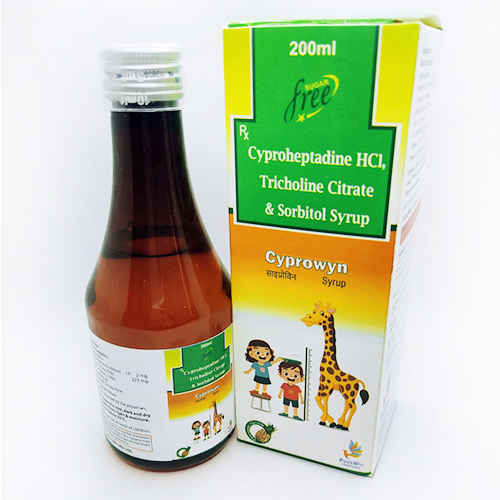 Product Name: Cyprowyn Am, Compositions of Cyprowyn Am are Cyproheptadine Hydrochloride,Tricholine Citrate & sorbitol Syrup - Peakwin Healthcare