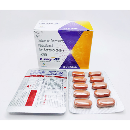 Product Name: Dikwyn Sp, Compositions of Dikwyn Sp are Diclofenac Potassium, Paracetamol And Serratiopeptidase tablets - Peakwin Healthcare