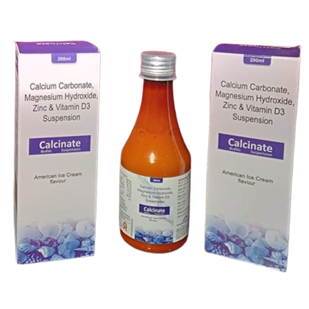 Product Name: Calcinate, Compositions of Calcinate are Calcium Carbonate, Magnesium HCL, Zinc & Vitamin D3 Suspension - Kevlar Healthcare Pvt Ltd