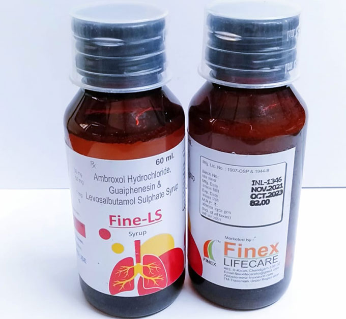 Product Name: Fine LS, Compositions of Fine LS are Ambroxol Hydrochloride Guaiphenesin & Levosalbutamol Sulphate - Finex Lifecare