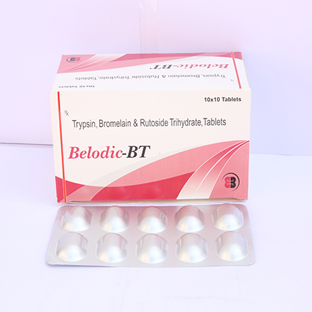 Product Name: Belodic BT, Compositions of Belodic BT are Trypsin, Bromelain & Rutoside Trihydrate Tablets - Eviza Biotech Pvt. Ltd