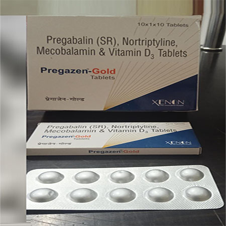Product Name: Pergazen Gold, Compositions of Pergazen Gold are Pregabalin (SR),Nortriptyline,Mecobalamin & Vitamin D3 Tablets - Xenon Pharma Pvt. Ltd