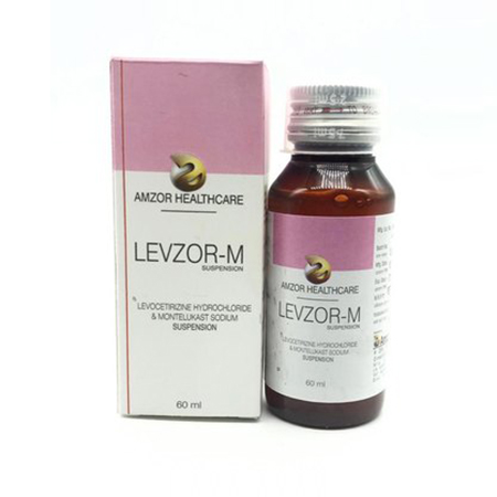 Product Name: Levzor M, Compositions of Levzor M are Levocetirizine Hydrochloride & Montelukast Sodium Suspension - Amzor Healthcare Pvt. Ltd