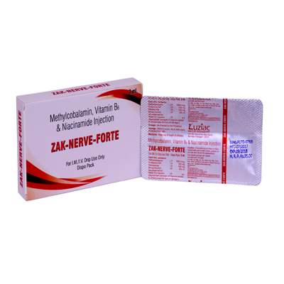 Product Name: ZAK NERVE FORTE, Compositions of ZAK NERVE FORTE are Methylcobalamin, Vitamin with Niocinamide Injection - ISKON REMEDIES