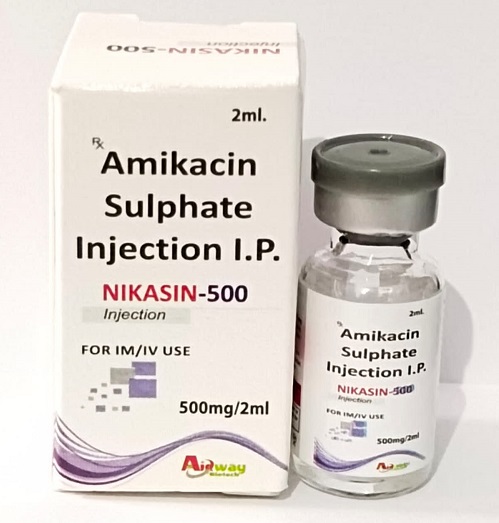 Product Name: Nikasin 500, Compositions of Nikasin 500 are Amikacin Sulphate Injection I.P. - Aidway Biotech