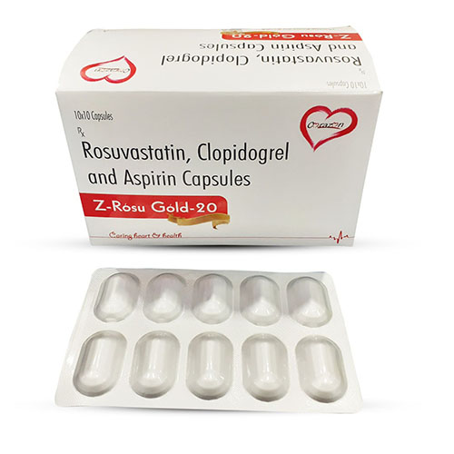 Product Name: Z Rosu Gold 20, Compositions of Z Rosu Gold 20 are Rosuvastin, Clopidogrel And Aspirin Capsules - Arlak Biotech
