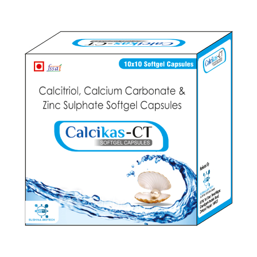 Product Name: Calcikas CT, Compositions of Calcikas CT are Calcitriol, Clcium Carbonate & Zinc Sulphate Softgel Capsules - Sushma Biotech