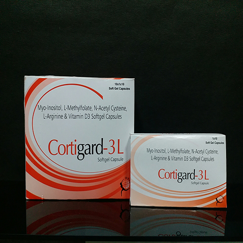 Product Name: CORTYGARD 3L, Compositions of CORTYGARD 3L are Myco Inositol, L-Methylfolate, N-Acetyl Cysteine, L-Arginine & Vitamin D3 Softgel Capsules - Biomax Biotechnics Pvt. Ltd
