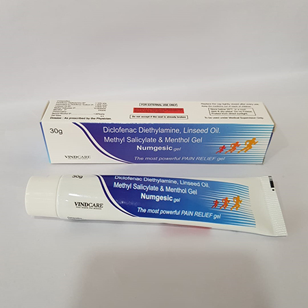Product Name: Numgesic gel, Compositions of Numgesic gel are Diclofenac Diethylamine, Linseed Oil, Methyl Salicylate & Menthol Gel  - Vindcare Lifesciences
