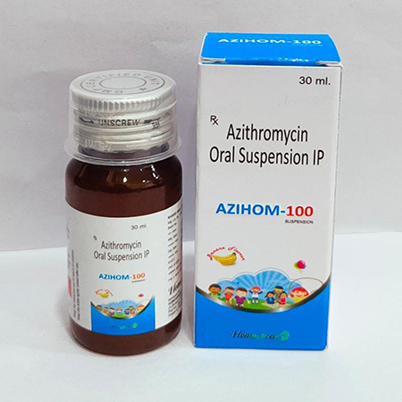 Product Name: AZIHOM 100, Compositions of AZIHOM 100 are Azithromycin Oral Suspension IP - Abigail Healthcare