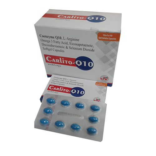 Product Name: CARLITO Q10 Softgel Capsules, Compositions of CARLITO Q10 Softgel Capsules are Coenzyme Q10 with L-Argenine, L-carnitine - JV Healthcare