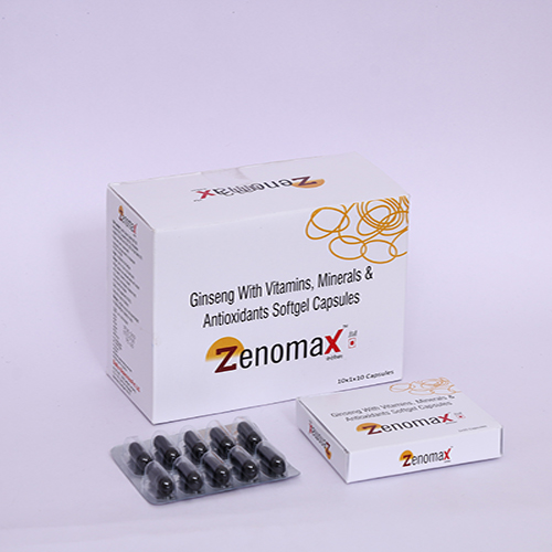 Product Name: ZENOMAX, Compositions of ZENOMAX are Ginseng With Vitamins Minerals & Antioxidants Softgel Capsules - Biomax Biotechnics Pvt. Ltd