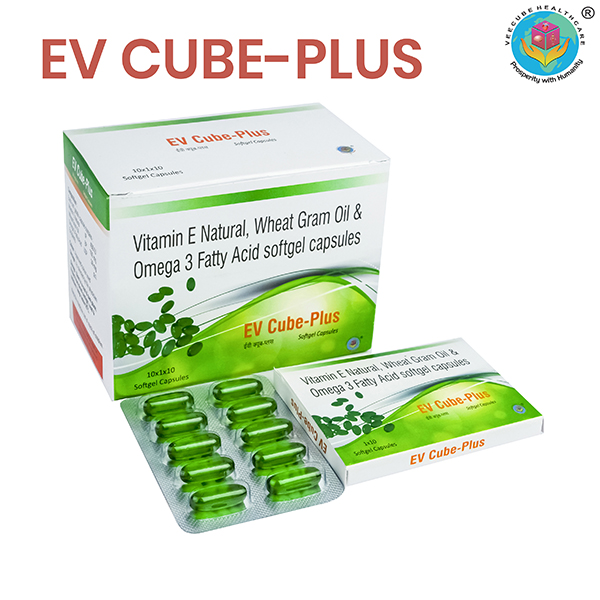 Product Name: EV CUBE PLUS, Compositions of EV CUBE PLUS are Vitamin E Natural, Wheat Gram Oil & Omega 3 Fatty Acid softgel capsules - Veecube Healthcare Private Limited