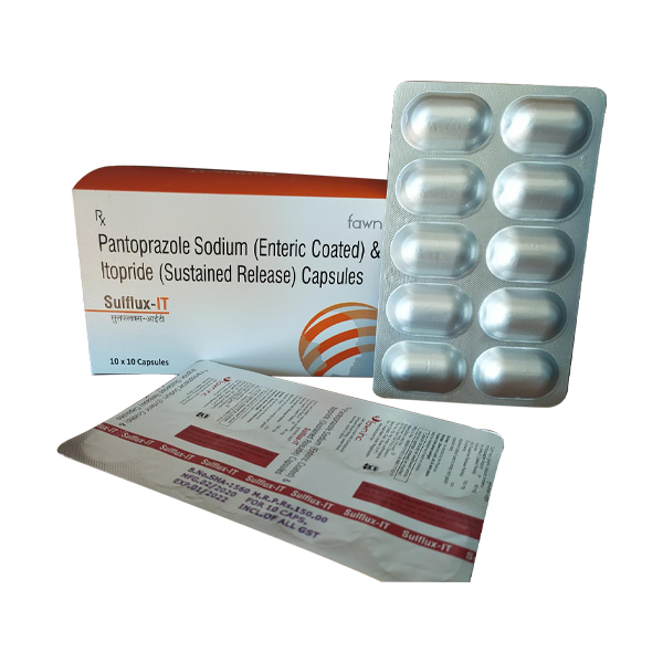 Product Name: SULFLUX IT, Compositions of Pantoprazole Sodium (EC) 40 mg +Itopride (SR) 150 mg. are Pantoprazole Sodium (EC) 40 mg +Itopride (SR) 150 mg. - Fawn Incorporation