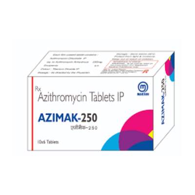 Product Name: Azimak 250, Compositions of Azimak 250 are Azithromycin Tablets IP 250  - Maksun Biotech Pvt. Ltd.