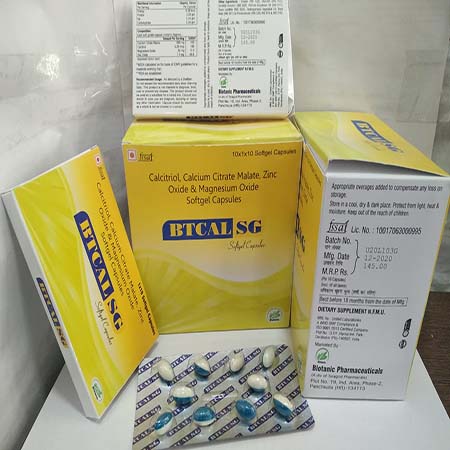 Product Name: Btcal SG, Compositions of Btcal SG are Calcitriol,Calcium Citrate Malate Zinc Oxide & Magnesium Oxide Softgel Capsules - Biotanic Pharmaceuticals