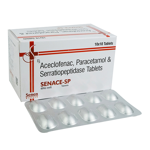 Product Name: Senace SP, Compositions of Senace SP are Aceclofenac, Paracetamol & Serratiopeptidase Tablets - Senen Biotech