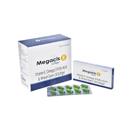 Product Name: MEGACIS E, Compositions of MEGACIS E are Vitamin E, Omega 3 Fatty Acid & Wheat Germ Oil Softgel - Cista Medicorp