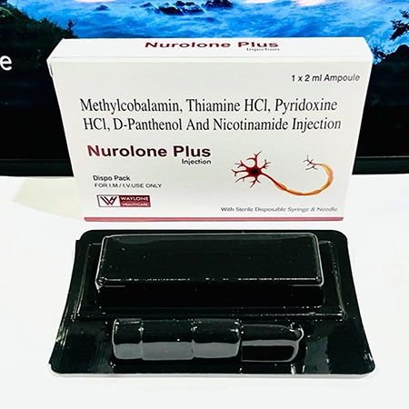Product Name: Nurolone Plus, Compositions of Nurolone Plus are Methylcoblamin, Thiamine HCl, Pyridoxine HCl, D-Panthenol And Nitoctinamide Injection - Waylone Healthcare