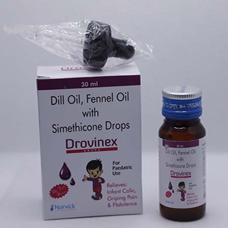 Product Name: Drovinex, Compositions of Drovinex are Dill Oil, Fennel Oil with Simethicone Drops - Norvick Lifesciences