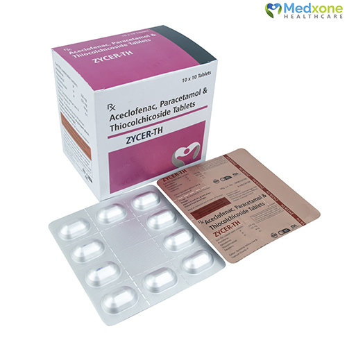 Product Name: ZYCER TH, Compositions of ZYCER TH are Aceclofenac, Paracetamol & Thiocolchicoside Tablets - Medxone Healthcare