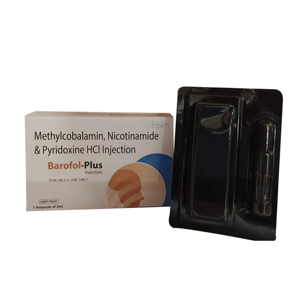 Product Name: BAROFOL PLUS, Compositions of Methylcobalamin 1000 mcg + Pyridoxine 100 mg + Niacinamide 100 mg + Benzyl Alcohol 2% are Methylcobalamin 1000 mcg + Pyridoxine 100 mg + Niacinamide 100 mg + Benzyl Alcohol 2% - Fawn Incorporation