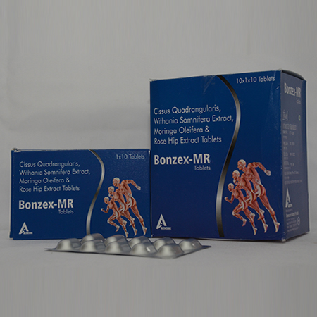 Product Name: BONZEX MR, Compositions of BONZEX MR are Cissus Quadrangularis, withania samnifera Extract, Moringa Oleifera & Rose Hip Extract Tablets - Alencure Biotech Pvt Ltd